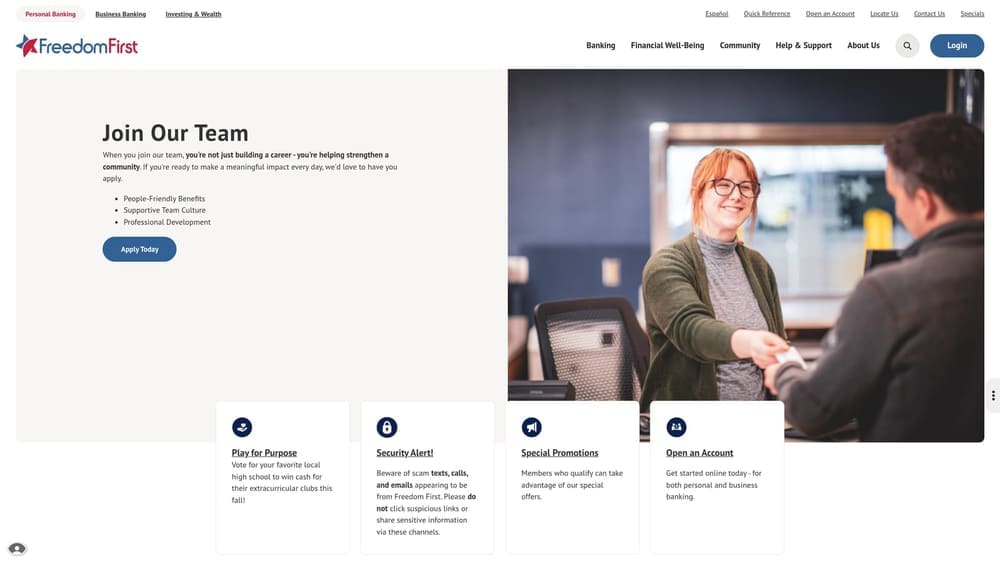 Screenshot of Freedom First Credit Union website
